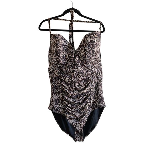 Swimsuits for All Plus Size 24 Halter Top Leopard OnePiece Ruched Sexy Swimsuit - Picture 1 of 8
